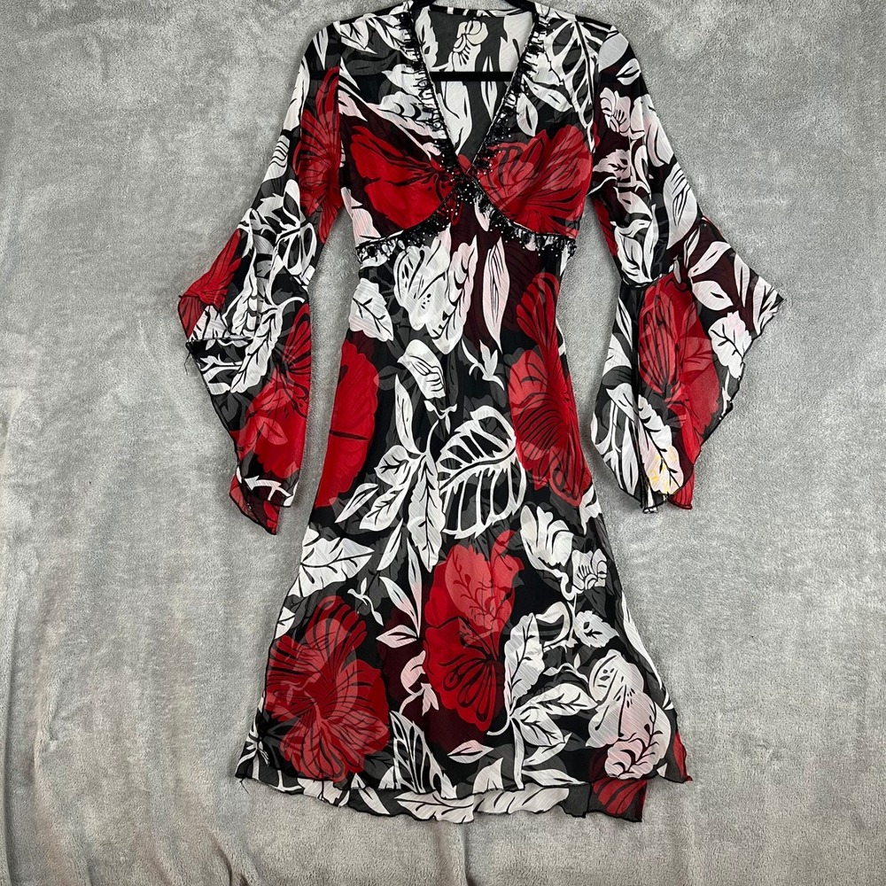 Vintage Y2K Midi Dress Women S Floral Bell Sleeve Witchy Beaded Fairy Goth